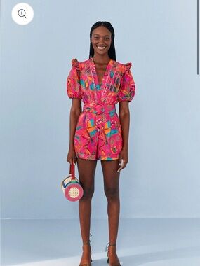 FARM Rio Pink Tropical Print Puff-Sleeve Short Jumpsuit